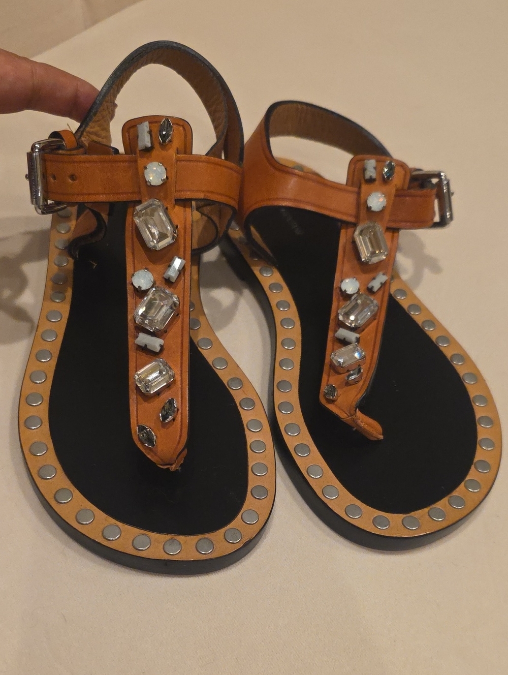 Isabel Marant Tan Leather Jeweled T-Strap Sandals Silver Studs All Around 39